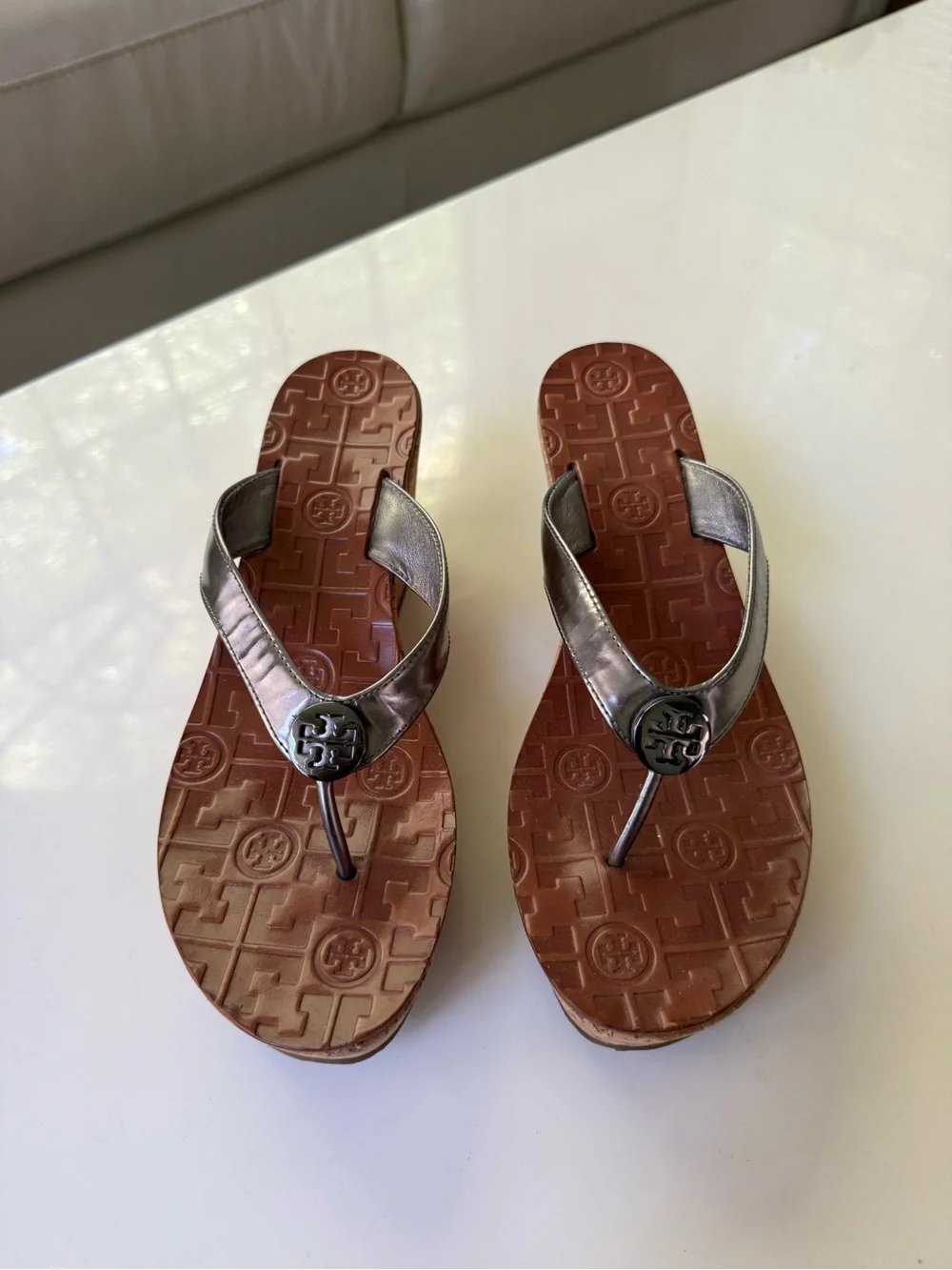 Tory Burch Metallic Silver Thong Sandals with Brown Footbed